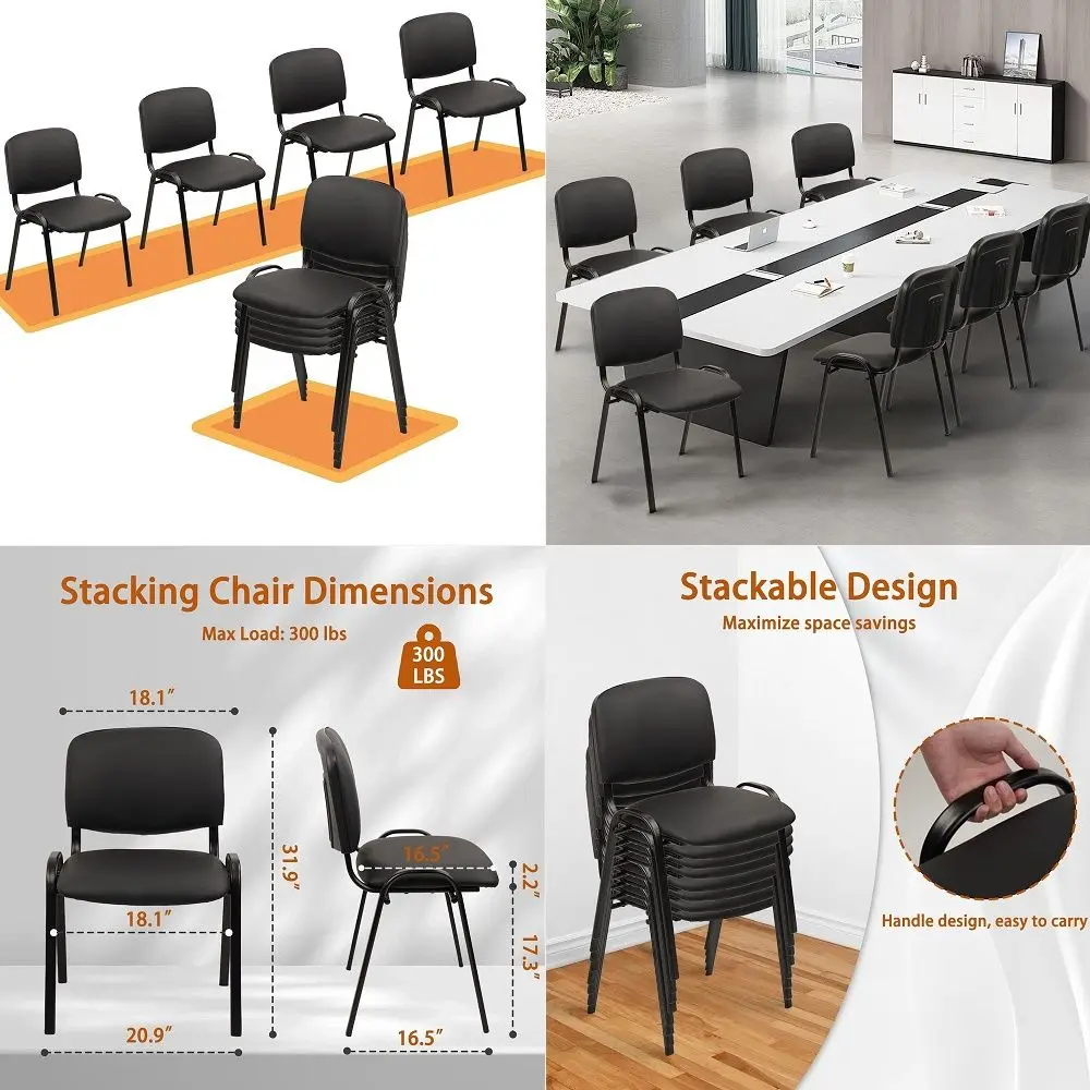 

Stacking Conference Room Chairs No Wheels, PU Leather Waiting Room Chair Armless Stackable Office Guest Chair with Metal Frames