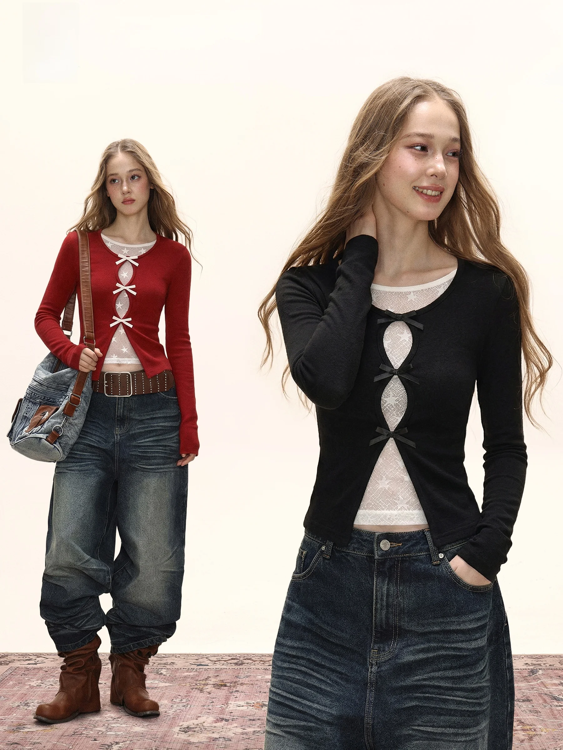 

November Hollow out Lace Long Sleeve Women's T-Shirt Casual Style Slim Fit Short Length Knot Spring Fashion Top