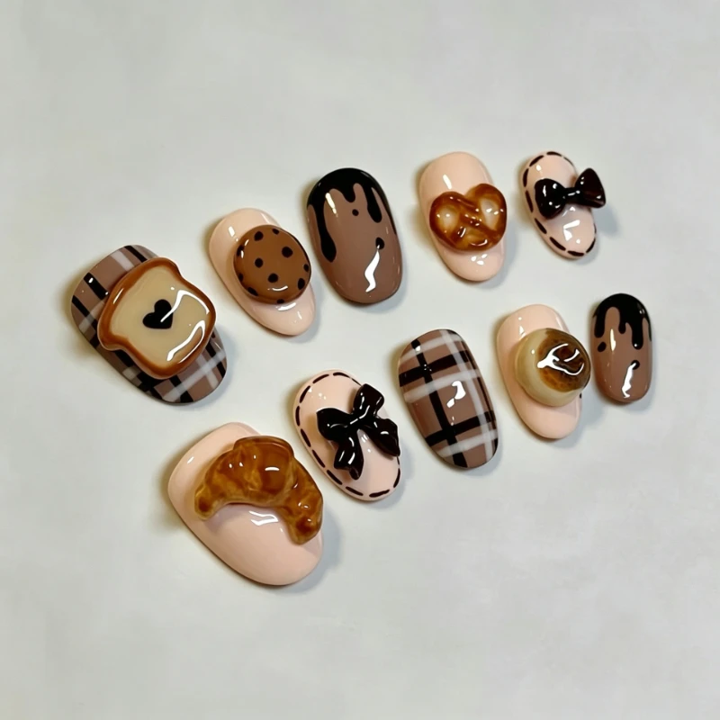 30pcs Press on Nails Fall Winter Style 3D Bow Checkered Almond Shaped False Nails Perfect for Girls or As A Gift for Friends