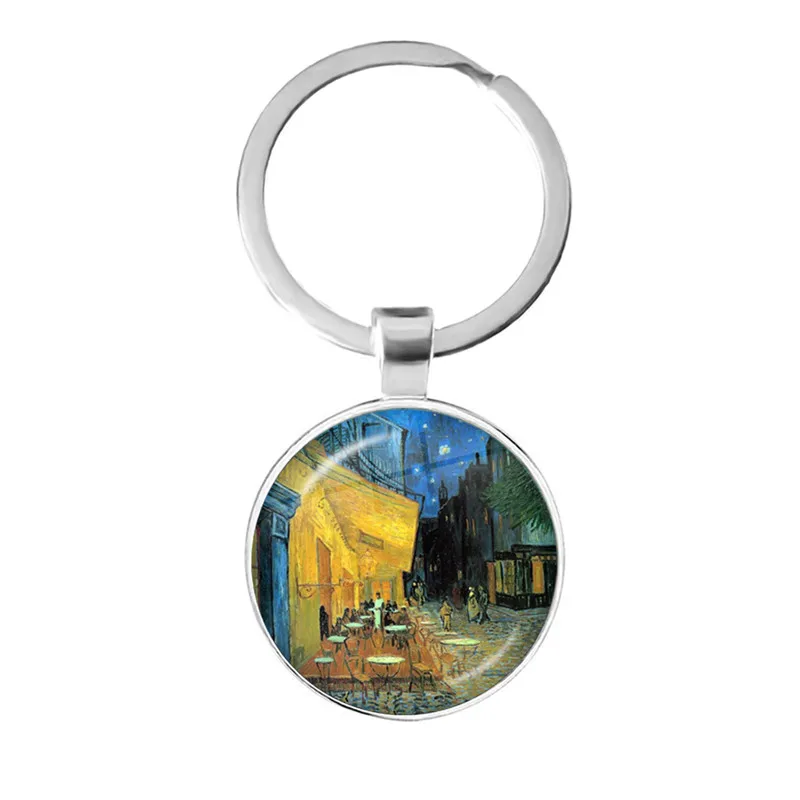 Fashion Van Gogh Art Starry Night Sunflower Keychain 25mm Glass Cabochon Dome Key Rings Keyholder For Women Men Gift