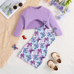 Clothing Set For Kid Girl 2-7 Years old Long Sleeve Top Cartoon Butterfly Print Suspenders Skirt Princess Dresses Summer Outfit