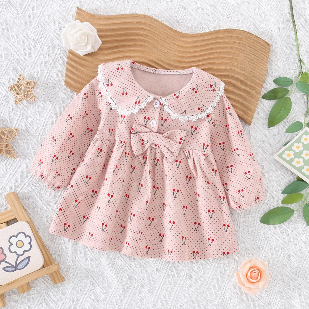 Spring And Autumn New Baby Girl Dress Cute Cherry Printed Children'S Long Sleeve Clothes (6 Months -3 Years Old)