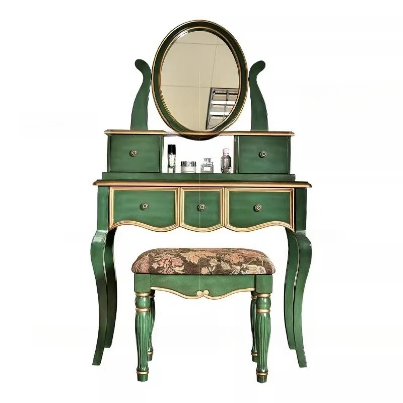 Rustic solid wood dresser combination exquisite gold-painted retro green drawer storage with mirror