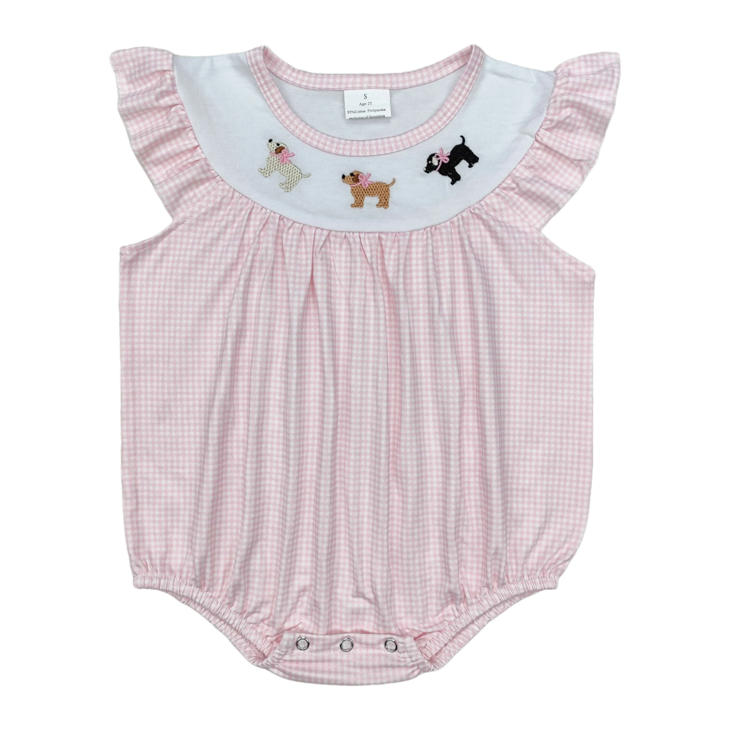 Wholesale Newborn Toddler Embroidery Bows Dogs Baby Girl Short Sleeves Bubble Romper Kids Children Smocked Pink Checked Jumpsuit