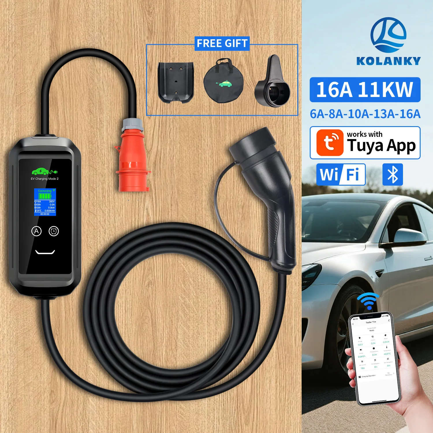 Type2 شاحن سيارات كهربائية 11KW 16A 3P شاحن سيارة محمول واي فاي تويا APP التحكم EVSE صندوق شحن محطة شحن لسيارة كهربائية 5 متر #1