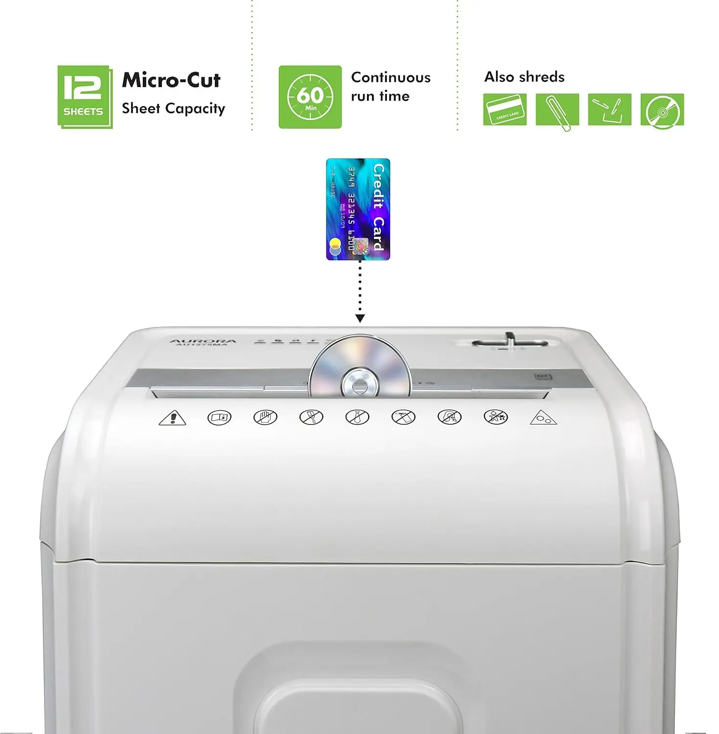 AU1275MA Professional Grade 12-Sheet Micro-Cut Paper and CD/Credit Card Shredder/ 60 Minutes Continuous Run Time, White/Gray