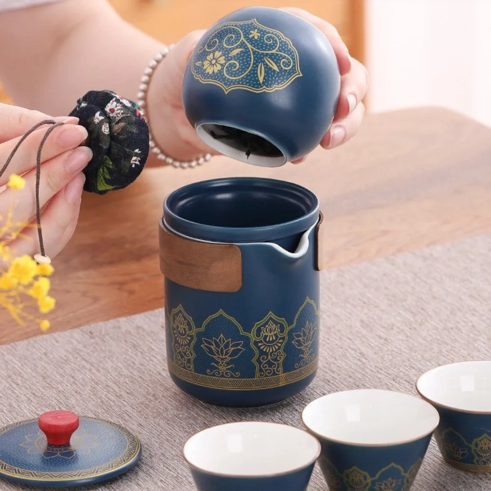 

Ceramic Travel Tea Set with Proctive Box with Canister Tea Gift Set Portable Chinese Style Porcelain Teaware Gift Giving