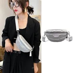 Fashion Rhinestone Waist Packs Women PU Chest Bag Casual Zipper Shiny Chest Phone Pack Lady Lightweight Crossbody Bag for Travel