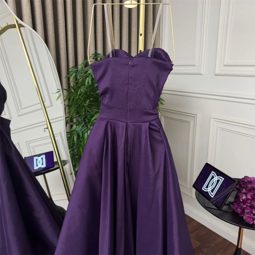 Вечернее платье по индивидуальному заказу. Изысканные фиолетовые атласные платья без бретелек без рукавов для выпускного вечера. Классические вечерние платья трапециевидной формы длиной до пола.