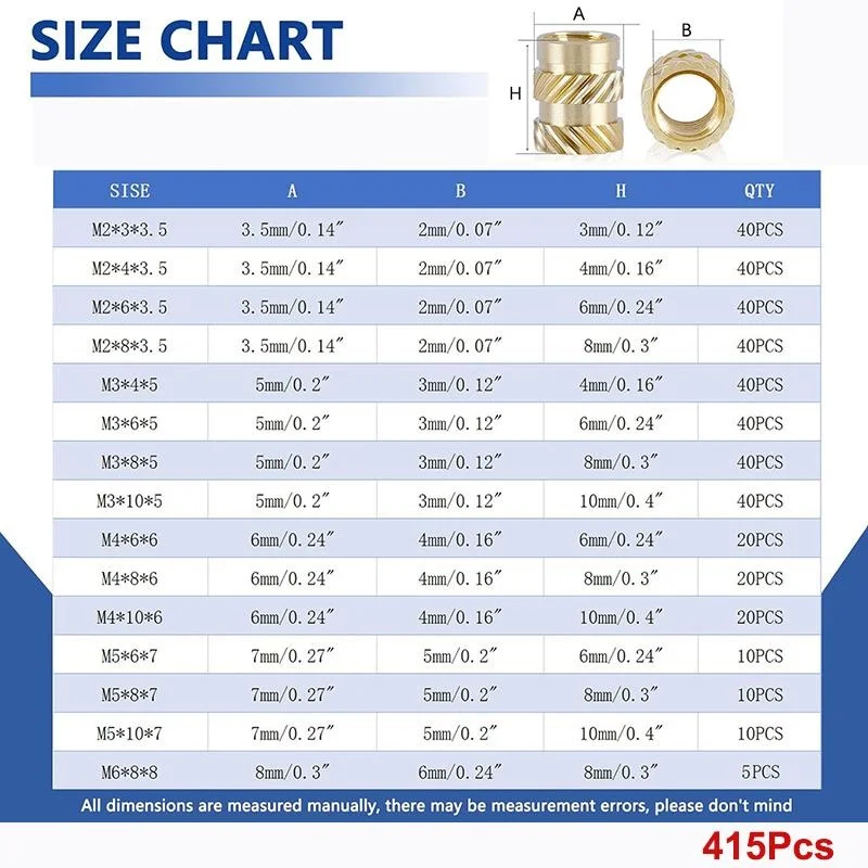 Imagem -02 - Kit de Inserções Roscadas Recartilhado Heat Insert Tip m2 m3 m4 m5 m6 Porca de Latão Inserir para Plástico 3d Print Moldagem por Injeção 415 Pcs