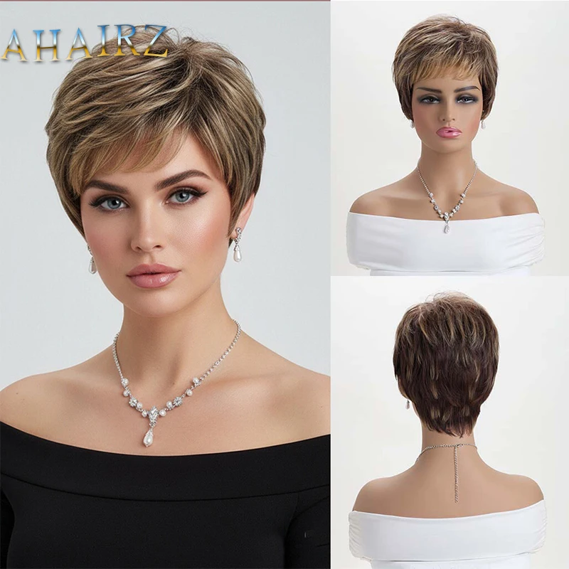 Perruques synthétiques courtes mode femmes mixte marron perruque droite fibre résistante à la chaleur usage quotidien fête Cosplay faux cheveux
