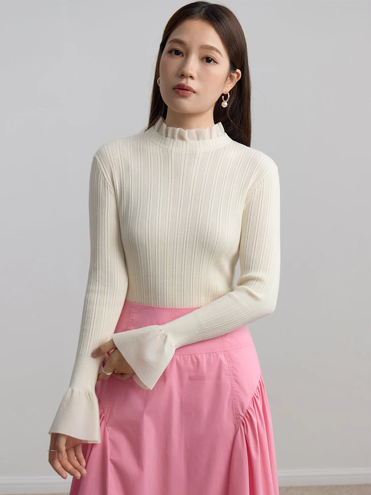 DUSHU Sweet Elegant Sense Ballet Style Knitted Bottoming Shirt for Women 2023 Winter Chic Arrival Fungus Edge Wool Knitted Top