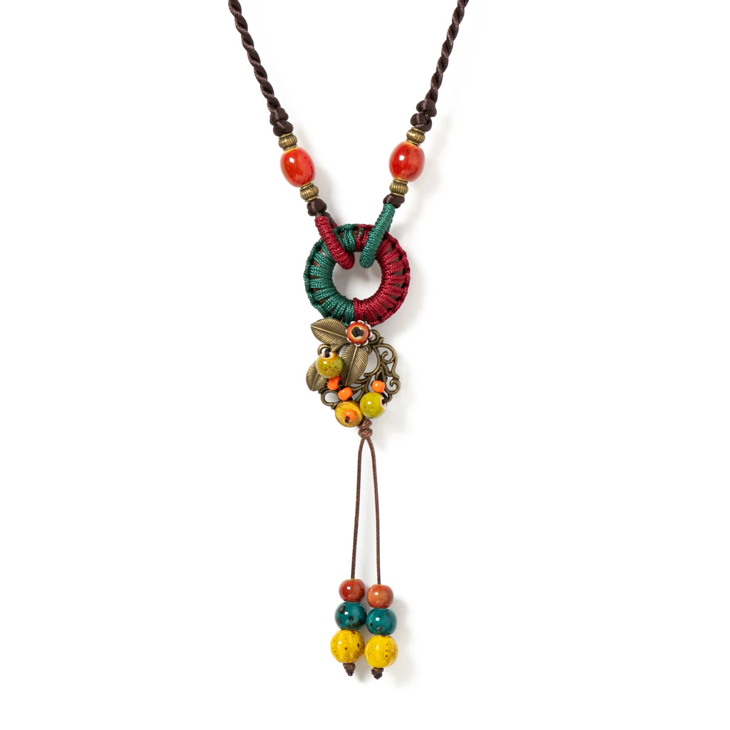 Böhmische handgefertigte Keramik-Halskette für Damen, Vintage-Stil, langer Anhänger, mehrfarbiger Ethno-Stil-Schmuck