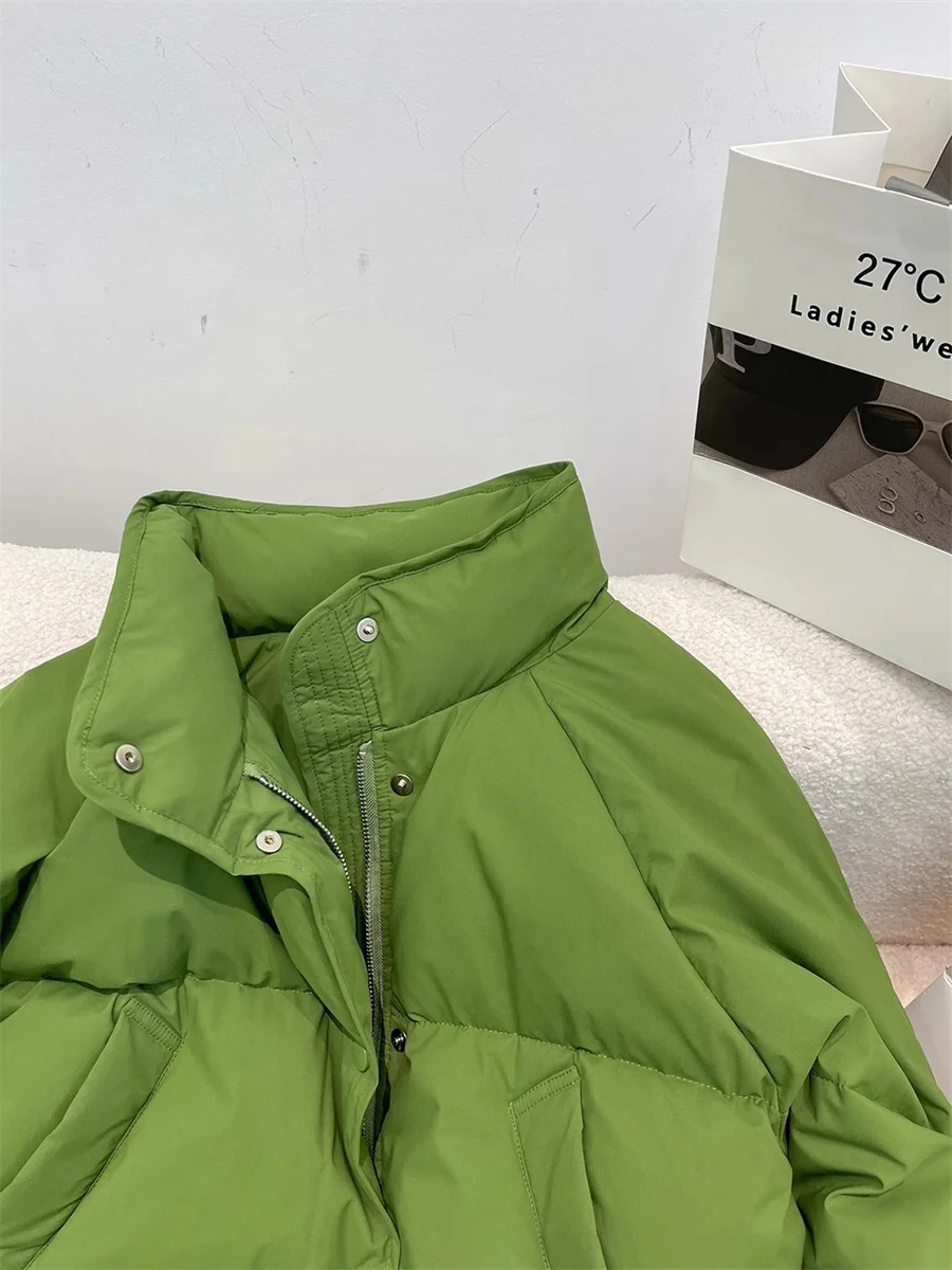 Green Stand Collar Wadded Jacket Women's Casual Single Breasted Short Cotton Coat Korean Long Sleeved Warm Padded Clothes