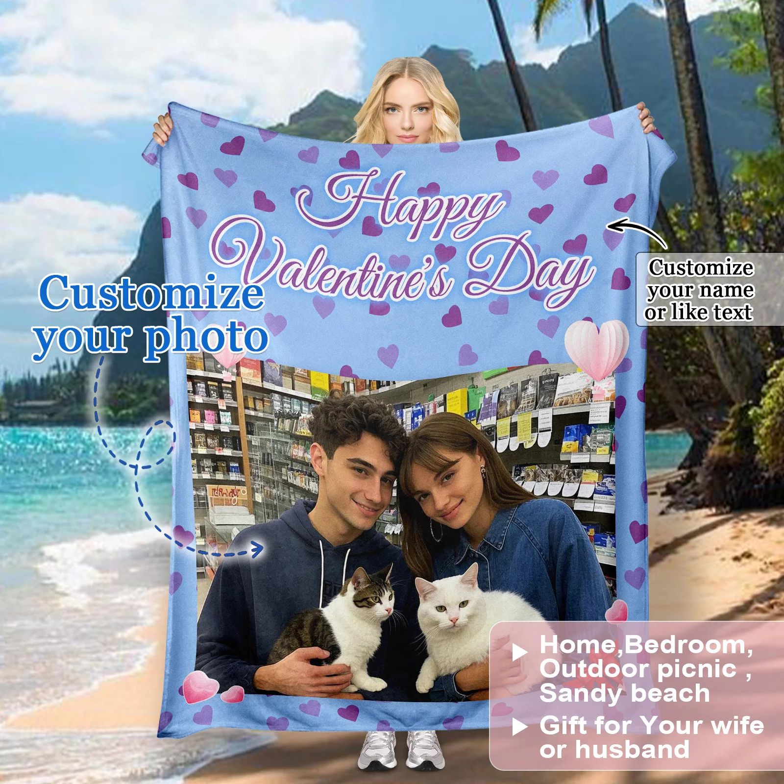 Celebrate Love Custom Valentine’s Day Blanket with Photo & Text Personalized Gift for Wives Husbands Boyfriends and Girlfriends