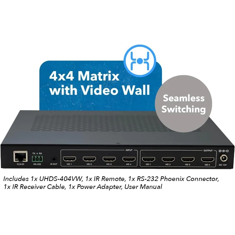 4K 4x4 Seamless HDMI Matrix Switch Video Wall Controller Upto 4K@60hz 4:4:4 8-bit - HDMI 2.0, 18 Gbps, 4x1-180 Degree Rotate