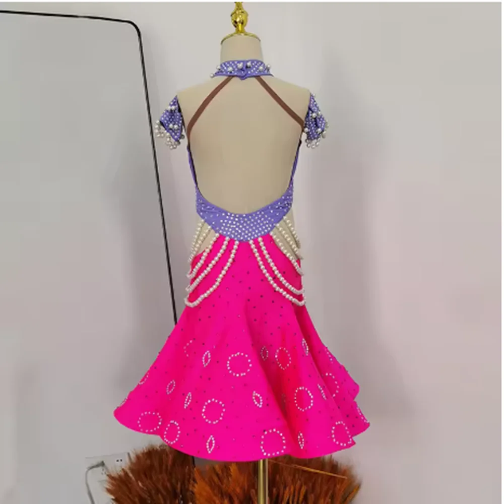 Robes de danse latine en perles scintillantes pour filles, tenue de compétition professionnelle, dos ouvert, col licou, robe de spectacle, vêtements de scène Samba yk