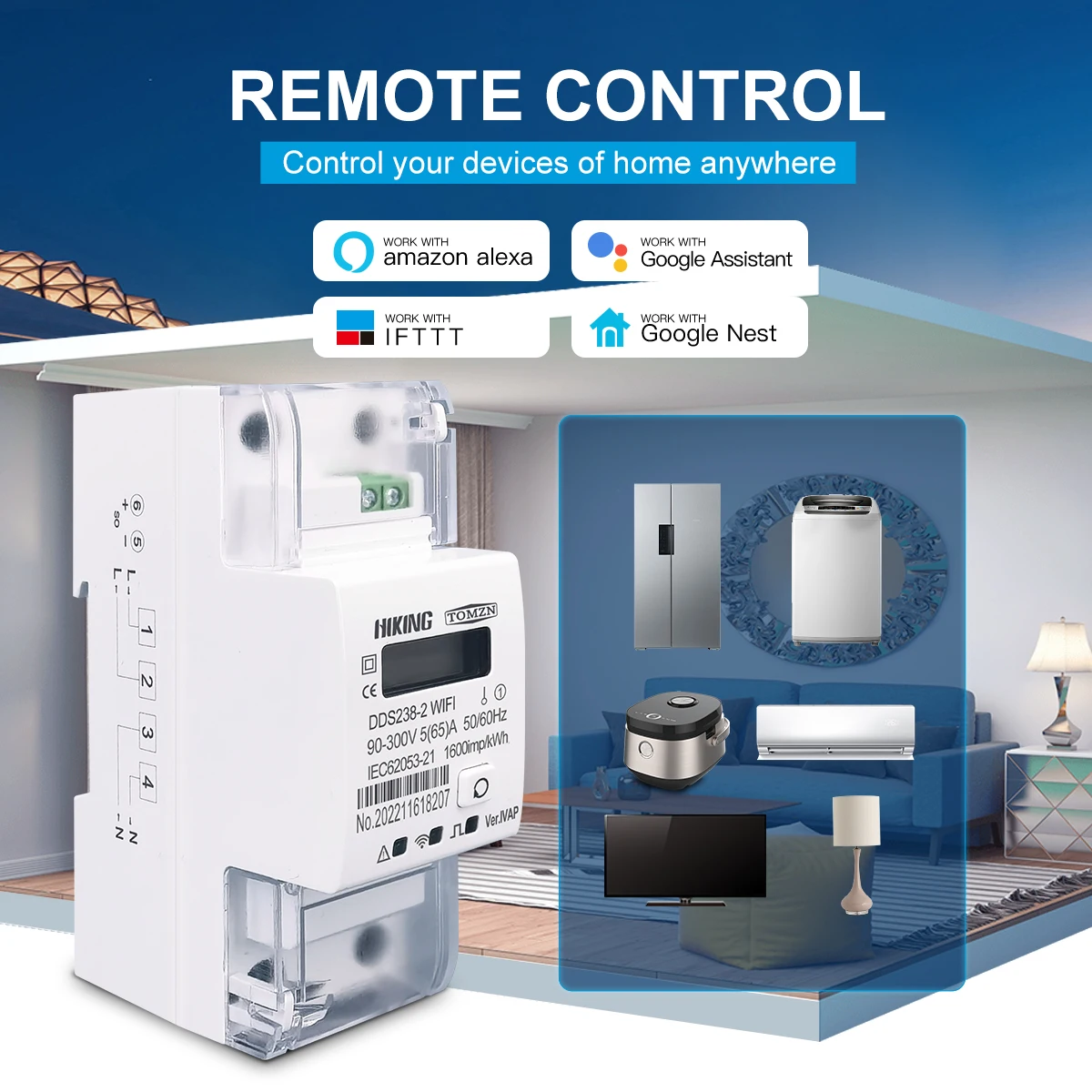TOMZN Tuya Single Phase Din Rail WIFI Smart Circuit breakers With Energy Meter kWh Timer 110V 220V AC 50/60Hz 65A