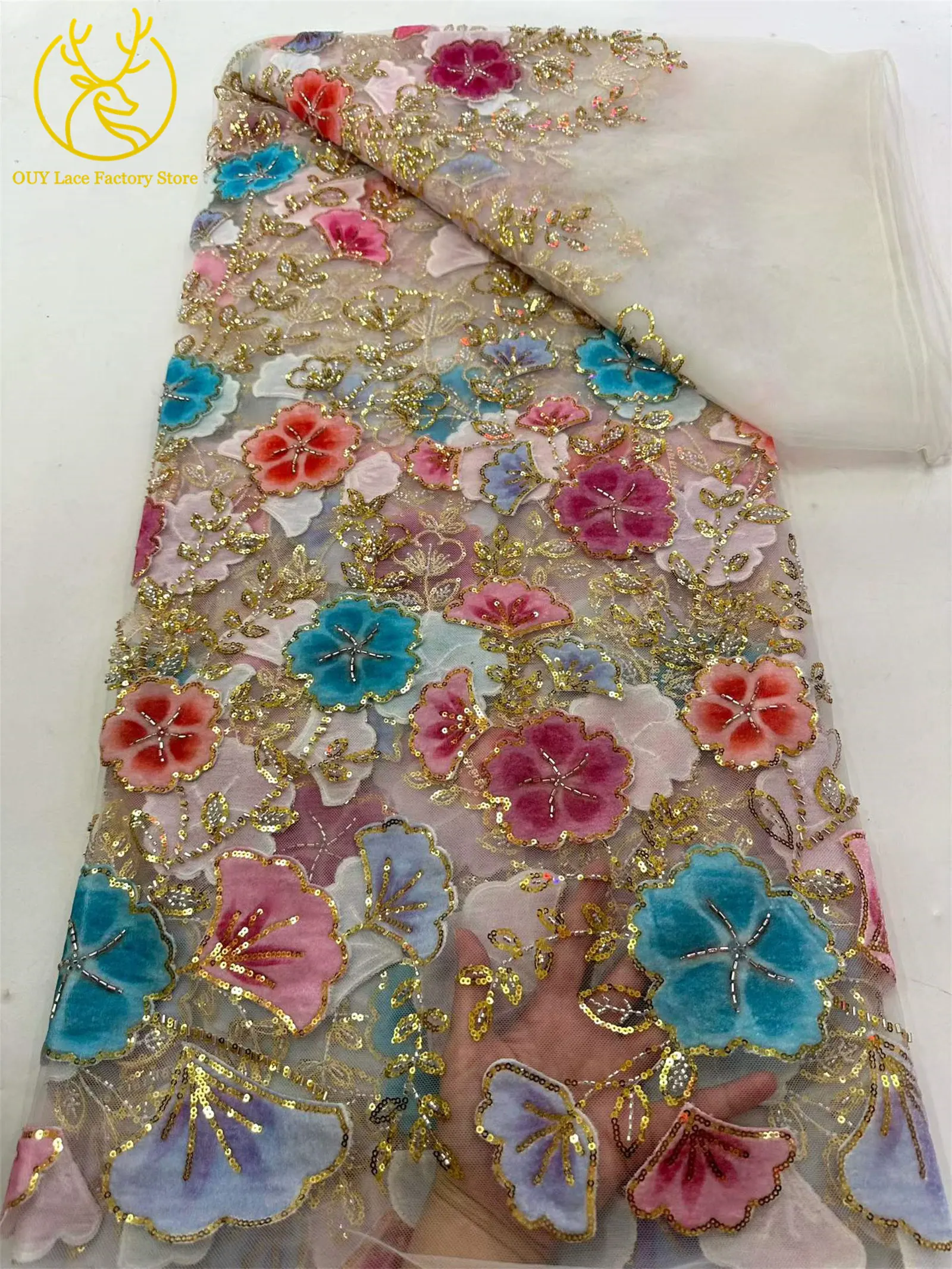 Nigerianischer eleganter Perlen-Blumen-Spitzenstoff, 5 Yards, modischer französischer Spitzenstoff mit goldenen Pailletten für Brautkleider zum Nähen – Detail 13