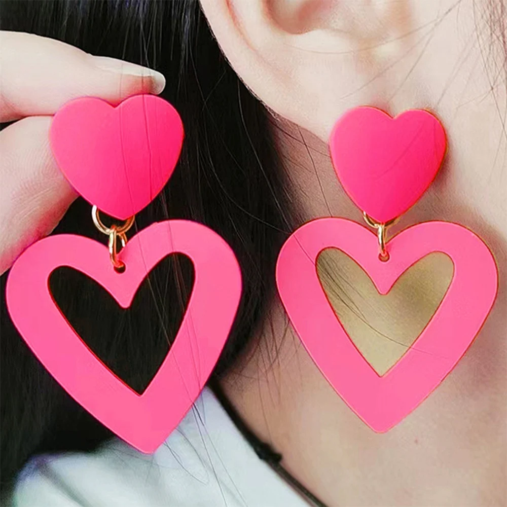 Large Barbie Powder Pink Color Hollow Heart Drop Earrings for Women Girl Exaggerated Acrylic Light Dangle Earring Party Jewelry