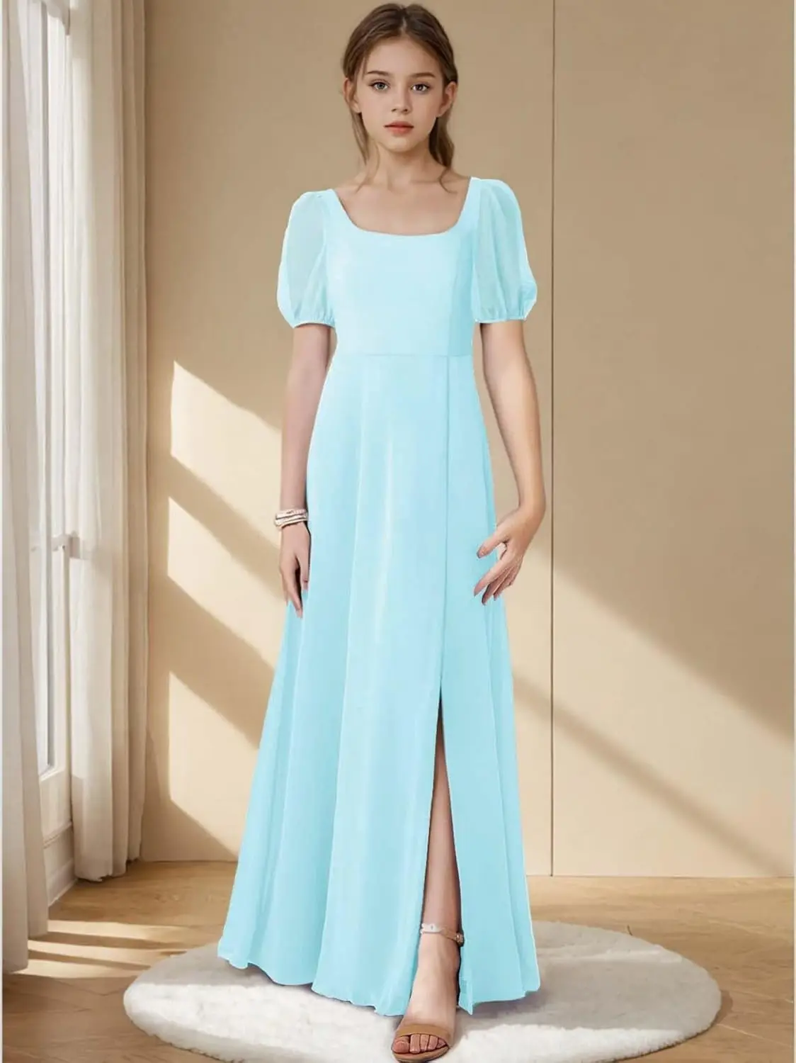 여아용 A라인 주니어 신부 들러리 드레스 시폰 반팔 특별 행사 웨딩 파티 드레스(6-16세용)