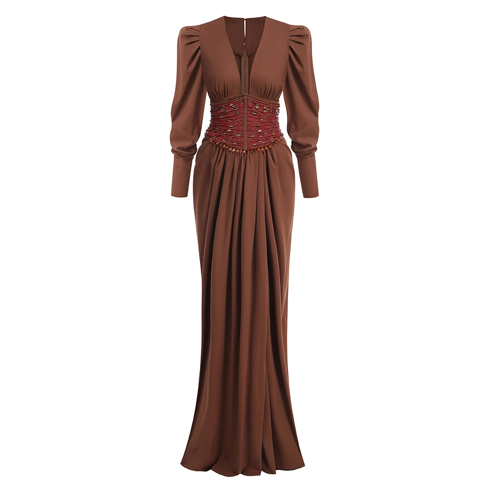 Sexy Deep V Neck High Slit Long Dress With Beaded Corset Belt Luxury Fashion Prom Gown For Club Party Dinner Date Night Outing