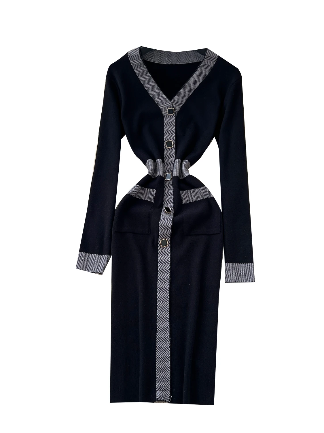 فستان أنيق محبوك بأكمام طويلة وياقة على شكل V للنساء، فستان بخصر مرتفع وتصميم A-line، بألوان متباينة وقصة ضيقة مع زر واحد، فس...