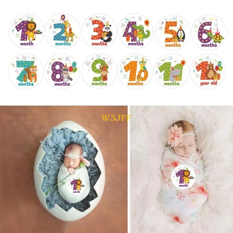 W3JF 12 قطعة/المجموعة كارتون الحيوان الطفل ملصقات شهرية التصوير الفوتوغرافي بطاقة تذكارية