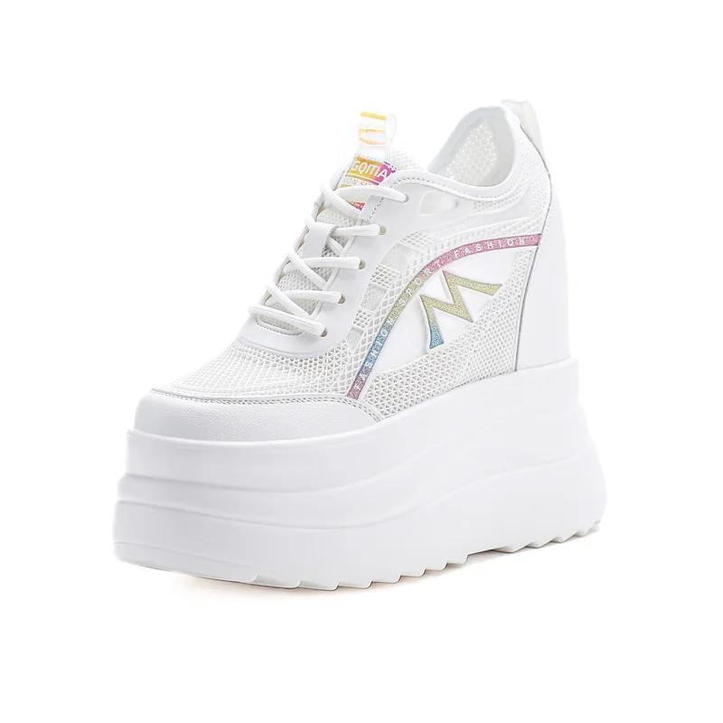 

13CM Spring and Summer Women's Shoes New Thick Sole Inner Height White Shoes Women's Fashion Casual Sports Breathable Mesh Shoes