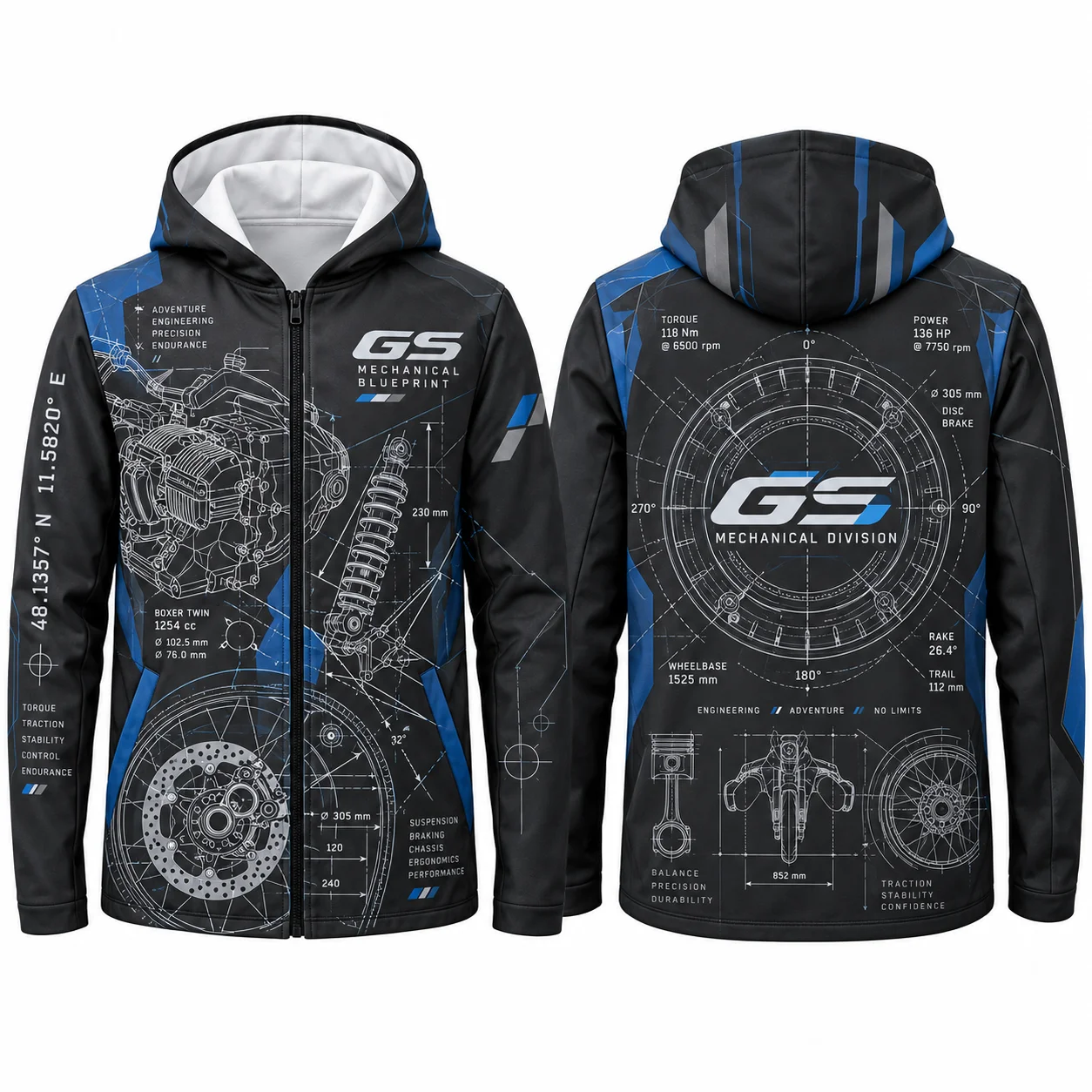 GS Mechanical Blueprint Men Zip Up Hoodie Moto Motorcycle Riding Hoodie Engine Drawing Print Outdoor Adventure Biker Hoodie