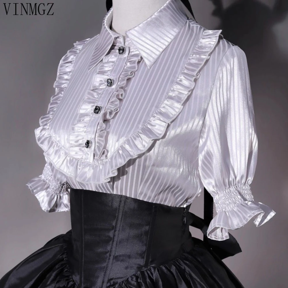

Witch Made Original Design Lolita Short Sleeve Tip Neck Striped Shirt Lace Long Sleeve Inside tops women 2025