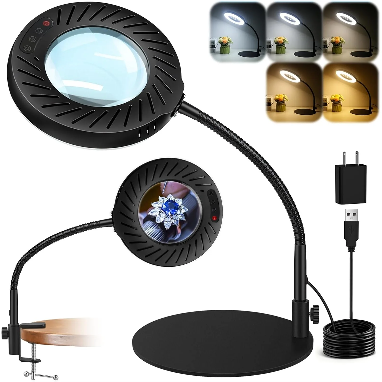 

12X Magnifying Glass with Light and Stand, 5 Color Modes 9 Dimmable Levels, Hands Free Flexible Gooseneck Magnifying Lamp for