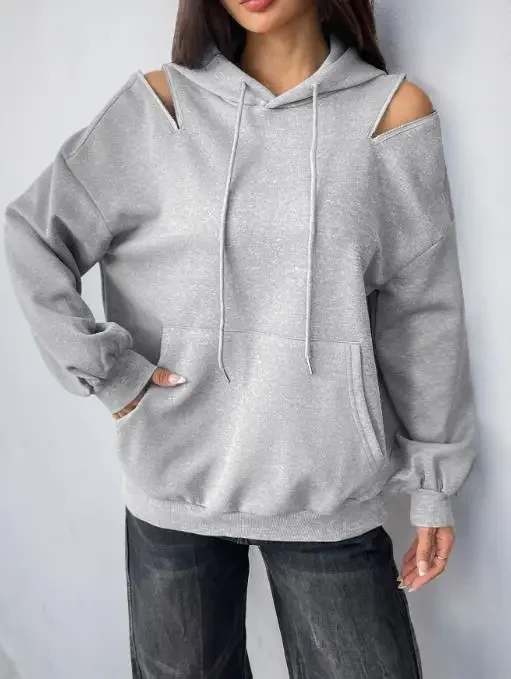New Women's Long-Sleeve Drawstring Hooded Sweater Female Daily Clothes High-Grade Gray Off-Shoulder Pullover Top with Pockets