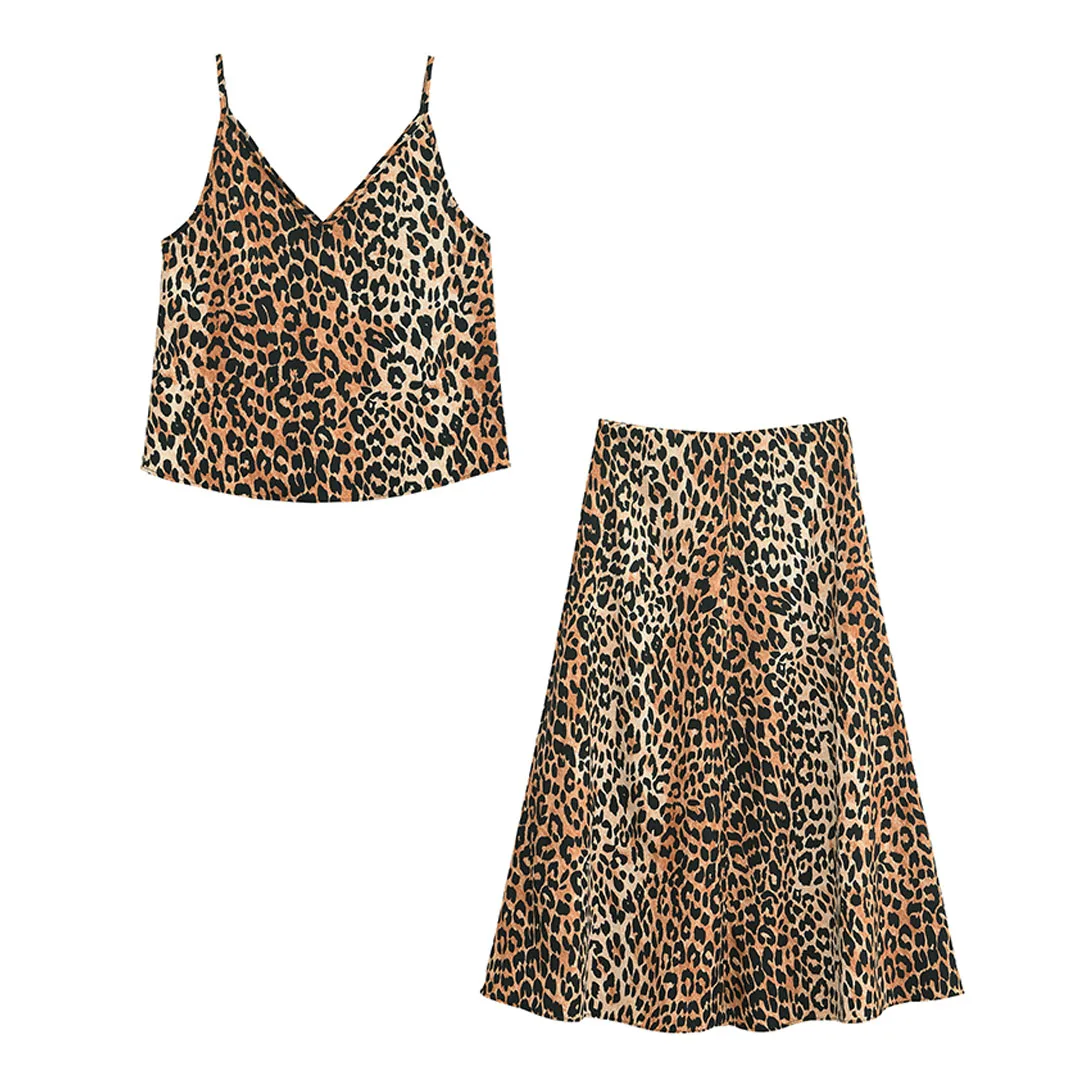 

TRAFZA Fashion Women Elegant Leopard Printed Sexy V Neck Sleeveless Sling Top+High Waisted Zipper Long Skirt 2 Piece Set Mujer