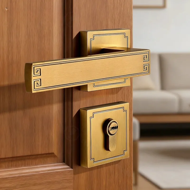 New Chinese Style Brass Retro Indoor Door Lock Light Luxury Magnetic Suction Silent Bedroom Room Door Split Handle