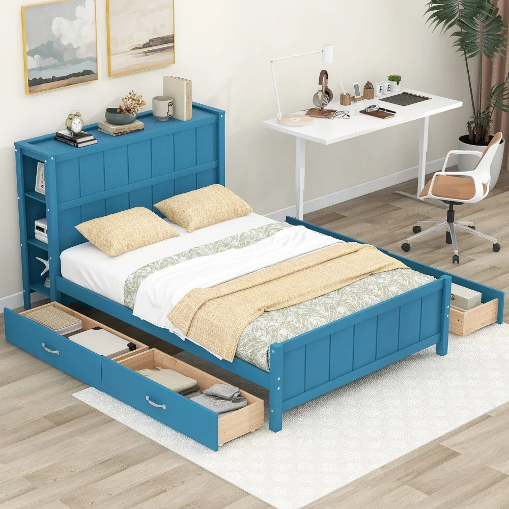 Full Size Platform Bed with Drawers and Storage Shelves, Blue Bunk Beds Kids Bed for Boys Toddler Bed Children's Beds Furniture