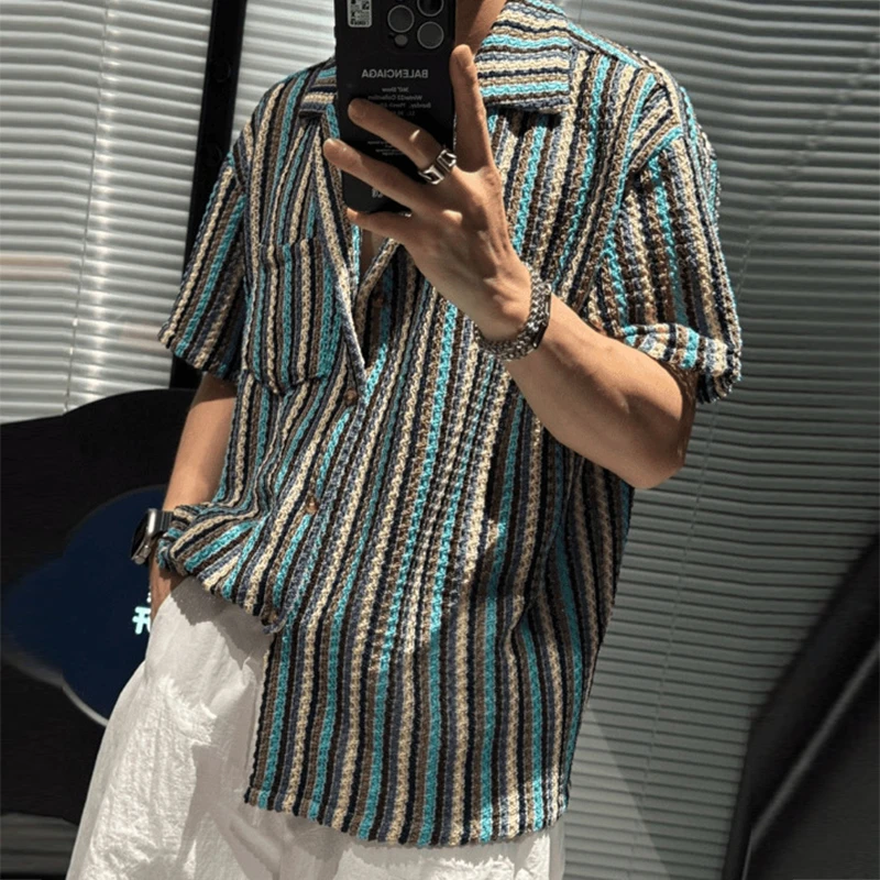 

Summer Trendy Men's Knitting Striped Shirt Streetwear Fashion Knitted Crochet Shirts Men Short Sleeve Turn-down Collar Cardigans