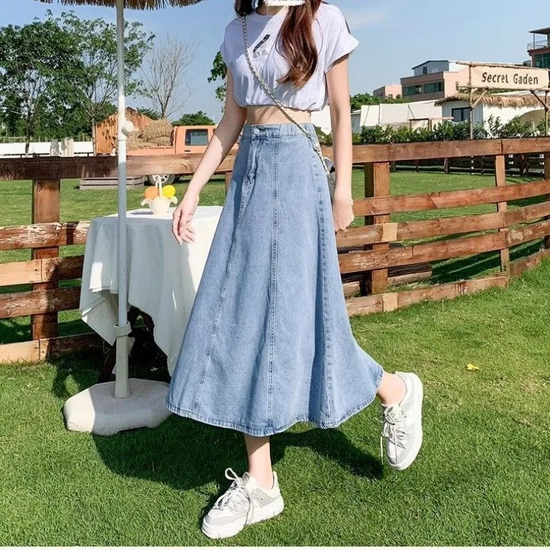 

Women's Spring Summer Vintage High Waist Blue Denim Half Skirts 2025 Lady New Fashion Daily Joker Midi Skirt Casual Jeans Female