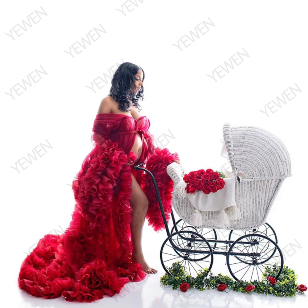 Striking Red V Neck Ruched Organza Long Sleeves Custom Color Maternity Gowns for Photo Shoot Pregnancy Shooting Dress YEWEN