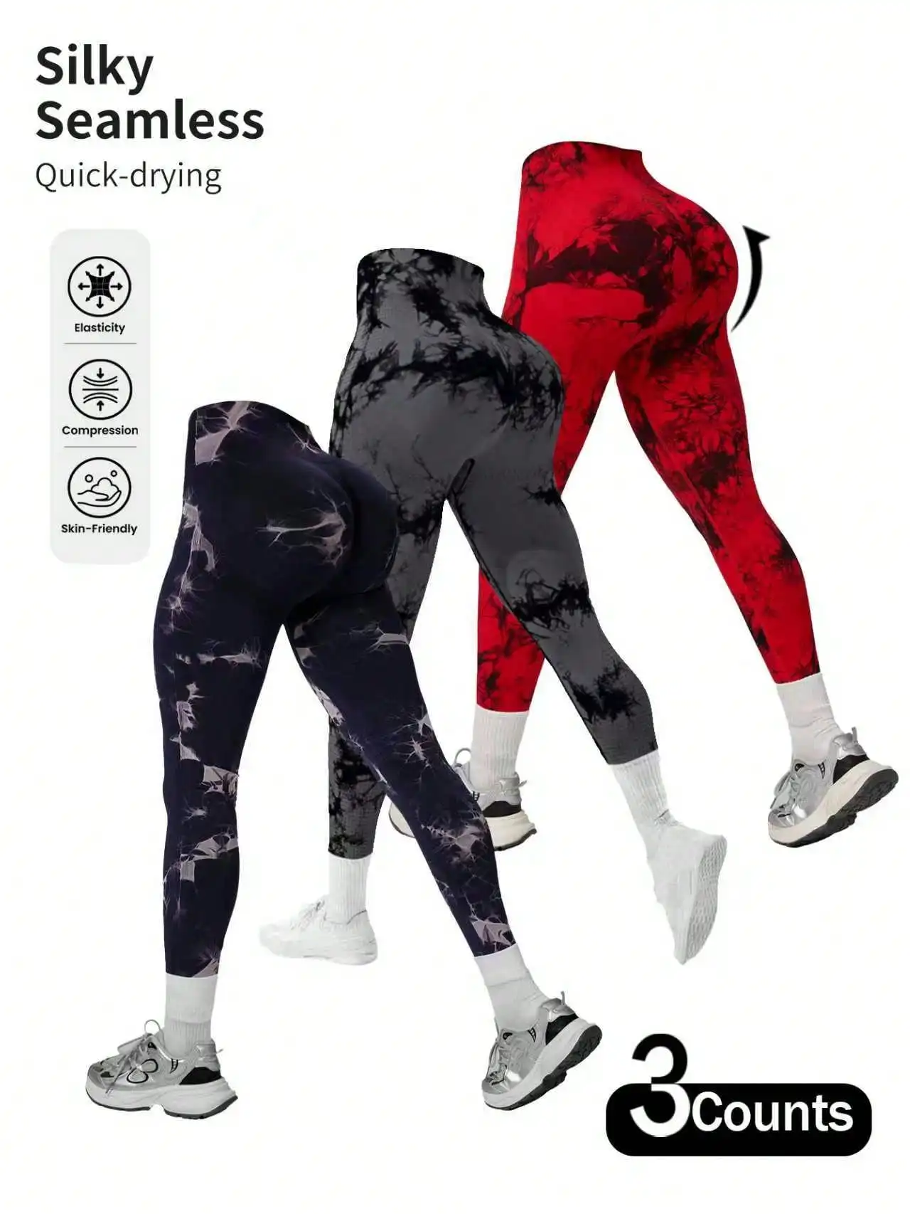 3 قطعة سراويل رياضية نسائية عالية الخصر مصبوغة بربطة عنق ، رفع الأرداف وتنحيف الساقين سراويل اليوغا