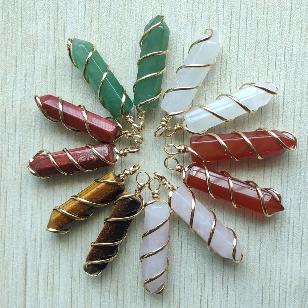 

Natural tiger stone green aventurine gold-plate Copper Wire Wrapped mix pillar Pendants for jewelry making 12pcs/lot Wholesale