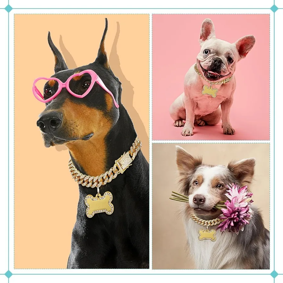 سلسلة الكلب طوق الماس الذهبي مع علامات مجوهرات معرف الحيوانات الأليفة أحجار الراين الفولاذ المقاوم للصدأ ربط معدني طوق المشي سلسلة قلادة f #6