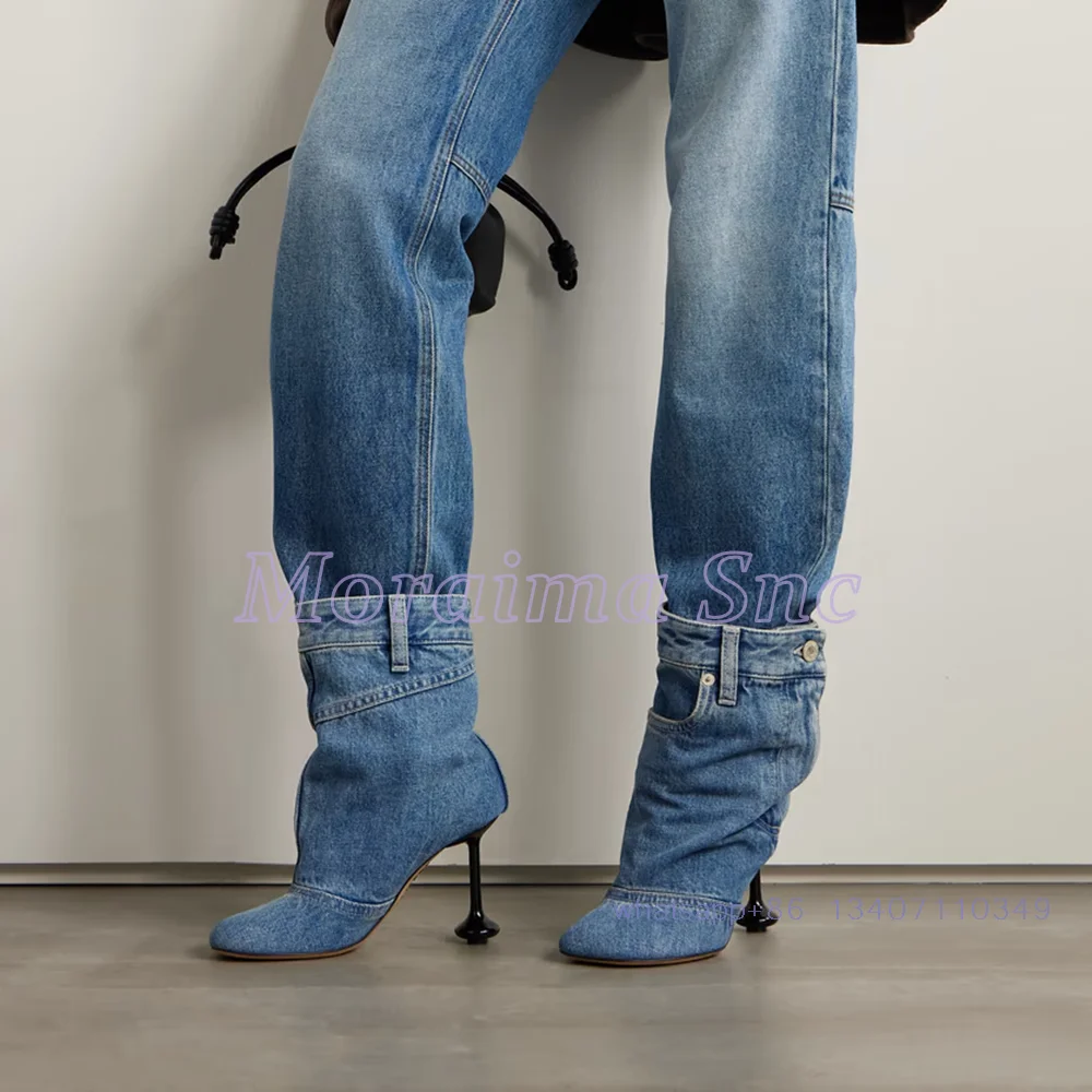 

2024 New Denim Round Toe Paneled Ankle Boots Slip On Strange High Heel Unique Fashion Designer Women's Short Boots Autumn Winter