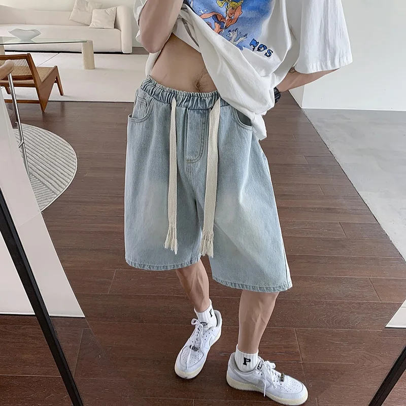 

Светло-голубые мужские повседневные летние джинсовые шорты, тонкие, прямого кроя, свободные, длиной до колена, модные, брендовые, верхняя одежда, джинсы