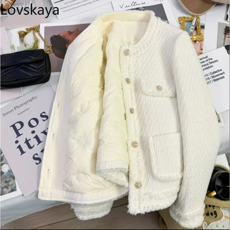 

New high-end short jacket women's white coarse tweed French style small fragrant style down inner lining winter