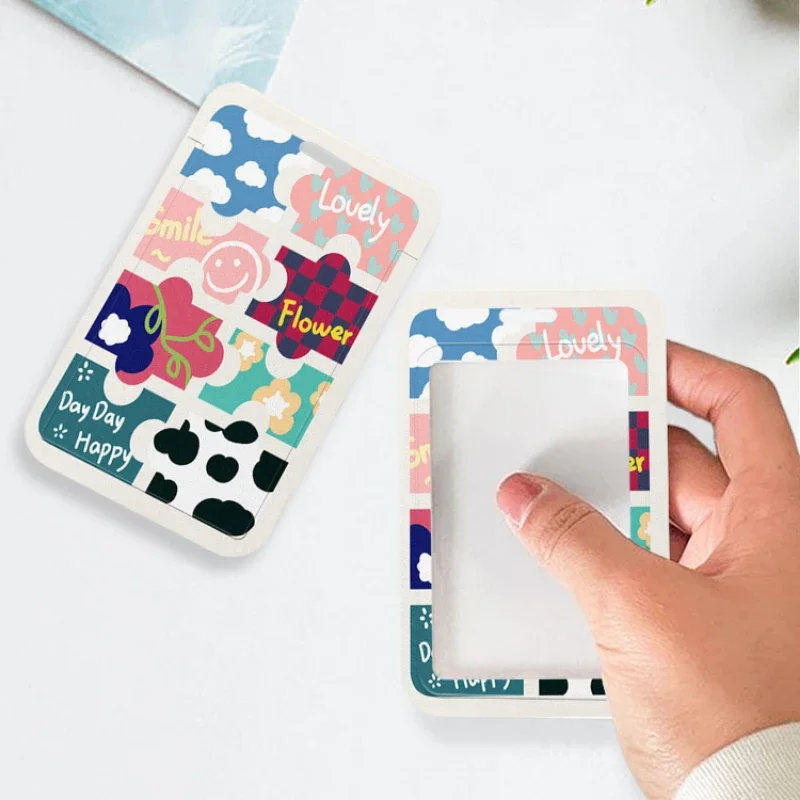 Puzzle Style Pattern Card Holder with Retractable Spring Cord Suitable for Student Bus/Meal Card Protection Case Door Card