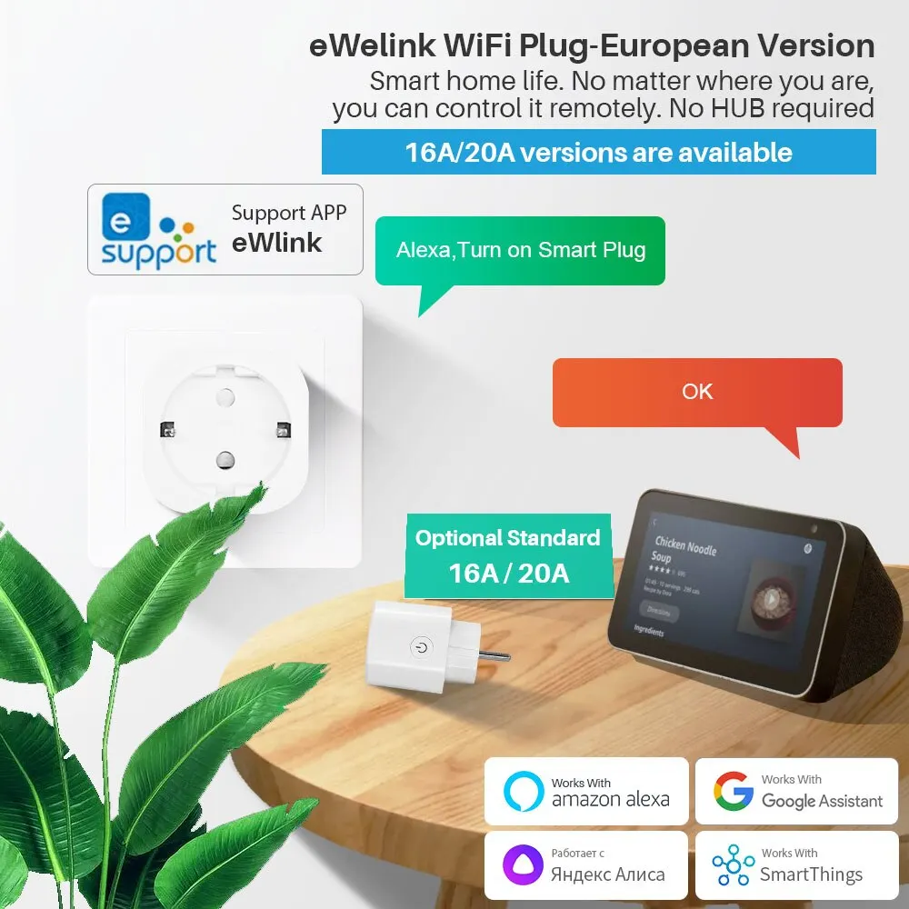 EWelink soket WiFi Plug pintar EU 16A/20A dengan fungsi waktu pemantauan daya bekerja dengan Alexa, Google Home, Alice, SmartThimg