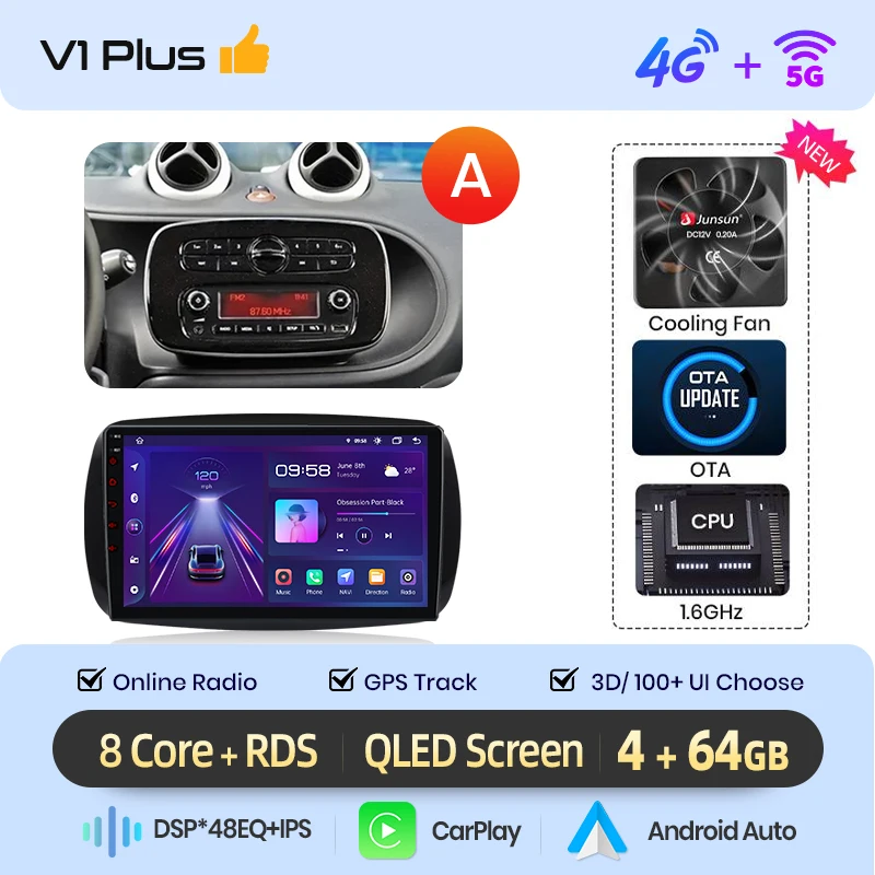 Junsun Draadloze CarPlay Android Auto Autoradio Voor Mercedes Benz Smart 453 Fortwo 2014-2020 Gps Multimedia 2 Din systemen Stereo