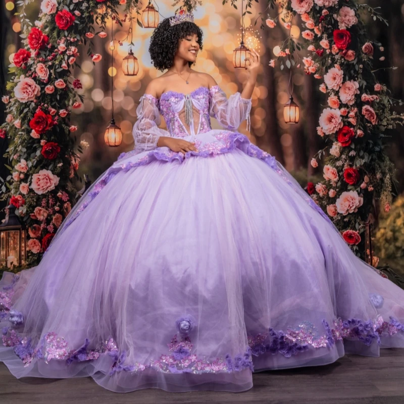

Lavender Shiny Quinceanera Dresses Off Shoulder Ball Gown Sweet 16 Dress Applique Flower Tull Puff Sleeve Birthday Party Vestido