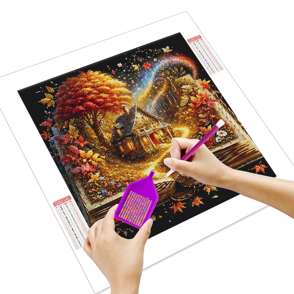 Huacan DIY Diamond Painting Fall House Tree Diamond Mosaic Landscape Complete Kit Decorative Paintings